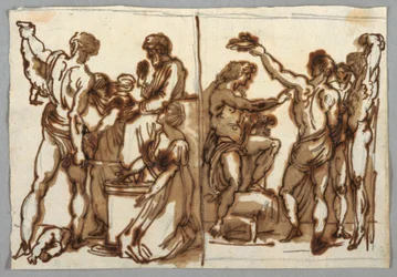 Teckning, Salomos dom; Marsyas dödande, ca 1820