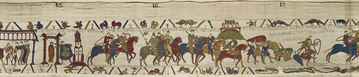 Hertig William leder sin armé till Bretagne där Harold modigt räddar soldater från kvicksanden, Bayeux Tapestry (ullbroderi på linne)