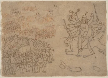 Durga konfronterar Army of the Demon Chikshura: Scen från Devi Mahatmya, ca. 1780.