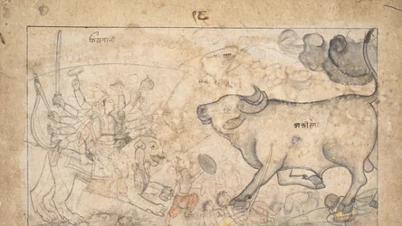 Durga konfronterar Buffalo Demon Mahisha: Scene från Devi Mahatmya, Ka. 1780.
