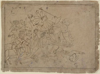 Durga, Kali och matrikerna slåss mot demonen Raktabija: scen från Devi Mahatmya, Ka. 1780.