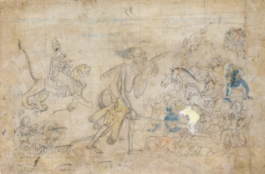 Durga och Kali närmar sig Chandas och Mundas samlade arméer..., ca. 1780.