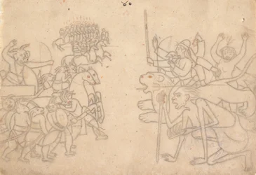 Durga och Kali närmar sig Chandas och Mundas samlade arméer... Devi Mahatmya, ca 1780.