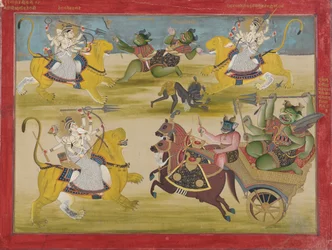 Durga kämpar mot Rakshasas Shunga och Nishunga, från en Devi Mahatmya, mitten av 1800-talet.