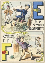 E F : echasses, escarpolette, fronde - Games Alphabet, c.1890 (illustration)