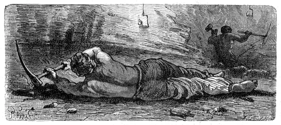 Kolgruvarbetare från början av 1800-talet som arbetar med en smal söm, c1868.