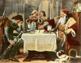 Eberhard skär halva duken mellan sig och sin son Ulrich, 1377, 1936.