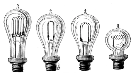 Edisons glödlampor som visar olika former av kolfilament, 1883
