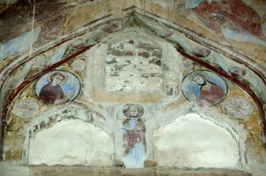Kyrkan Saint Macaire. Fresker av den heliga jungfrun och Johannes Döparen som går i förbön med Kristus till förmån för mänskligheten. Saint Macaire of Scete Monastery eller Deir Abu Magar eller Deir Amba Makar, Egypten