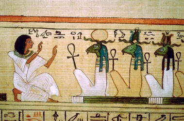 Egyptisk dödbok, avliden på knä inför underjordens gudar