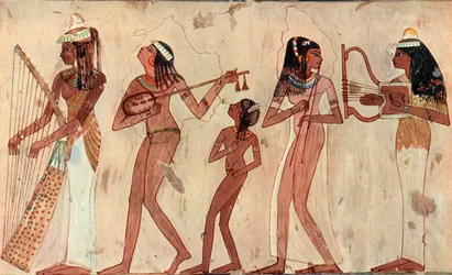 Egyptisk bågharpa, luta, dubbla oboe och lyra, gravmålning i Waset, Thebe, ca 1420-1411 f.Kr.