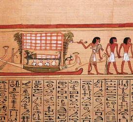 Egyptisk papyrus som visar att ta mumien till begravningsplatsen, 1200-talet f.Kr