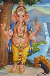 Den elefanthövdade hinduguden Ganesh och hans råtta Inde