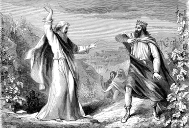 Elia, Gamla testamentets profet. fördömer Ahab, Israels avgudadyrkand kung, i Nabots vingård