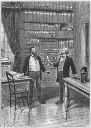 Elisha Gray, amerikansk uppfinnare, presenterar varningen för sin telefon, 1876, c1890