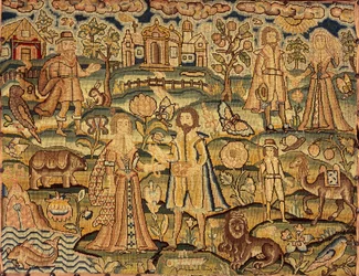 Broderipanel som visar människor, blommor, insekter, fiskar och djur, 1600-talet