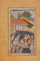Kejsar Babur tar emot en besökare, Folio från en Baburnama The Book of Babur, ca. 1590.