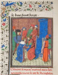 Kejsar Manuel I Komnenos träffar kung Amalrik I av Jerusalem. Miniatyr från Historia av William av Tyrus, 1460-talet