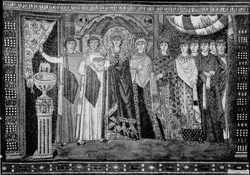 Kejsarinnan Theodora och medlemmar av hennes hov, bysantinskt, original från början av 1900-talet daterat 600-talet.