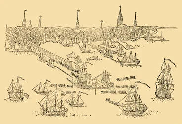 Engelska krigsfartyg i Boston där tefesten ägde rum 1768, c1930.