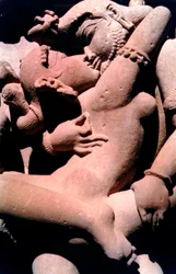 Erotisk skulptur, hinduiskt tempel, Khajuraho, Indien, 950-1050