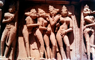 Erotisk skulptur, hinduiskt tempel, Khajuraho, Indien, 950-1050