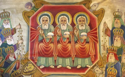 Etiopisk koptisk ikon vid den heliga graven, Jerusalem, Israel