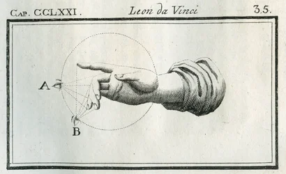 Etyd om uppfattningen av fingrarna på en hand i rörelse. Gravyr från "" Treat of Painting "" av Leonardo da Vinci (Leonard de Vinci) (1452-1519). "" Avhandling om målning av Lionardo da Vinci, "" "Milan, Typografiska sällskapet