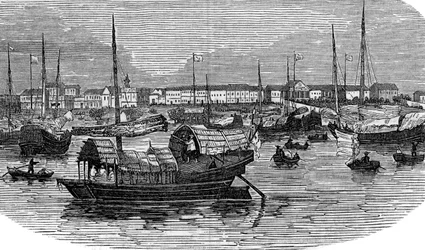 Europeiska fabriker i kantonen Guangzhou, Kina, c1875