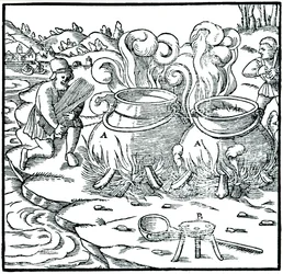 Indunstning av havsvatten i järngrytor för att få salt, 1556