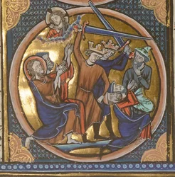 Avrättning av judar. Miniatyr från bibliska emblem, ca 1220-1230.