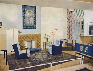 Utställningsvardagsrum designat av Esmé Gordon, A.R.I.B.A., A.R.I.A.S., c1945