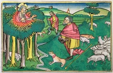 2 Mosebok 3:1-22 och 4:1-4: den brinnande busken och Gud som beväpnar Moses med den mirakulösa staven
