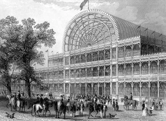 Exteriör av den norra korsarmen av Crystal Palace, London, byggd för den stora utställningen, 1851