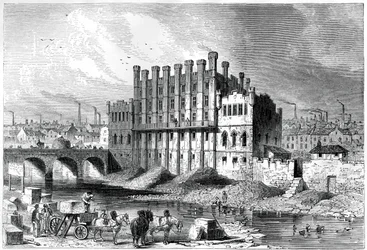 Exteriörvy av Castle-slipkvarnen i Sheffield, 1886