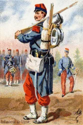 F: Linjeinfanteri. Gravyr i "Militäralfabetet". Illustratörens initialer: A. D. Okänd utgivare. Kromolitografier från slutet av 1800-talet. Mått: 10,5x7 cm.