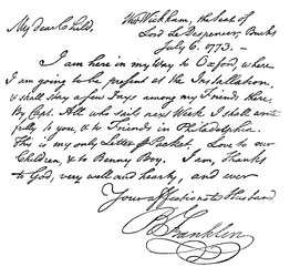 Faksimil av ett brev från Benjamin Franklin till sin fru, 1773 c1880