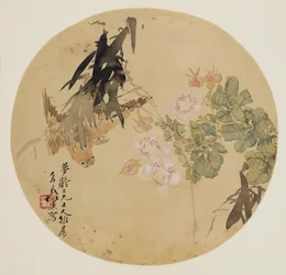 Solfjädermålning - Blomma och fågel, 1800-talet 1801-1900