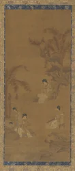 Kvinnliga musiker i en trädgård under bananpalmer, Mingdynastin, 1368-1644.