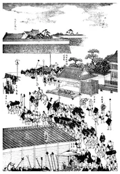 Feodala chefsprocessioner som går in i shogunpalatset, Japan, 1904