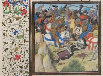 Kamp mellan kristna och saracener under Saladin. Miniatyr från Historia av William av Tyrus, 1460-talet