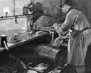 Fyllning av ölfat i ett amerikanskt bryggeri, 1885