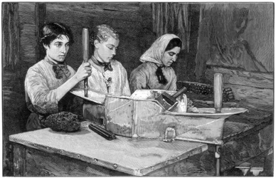 Fyllning av patroner med dynamitpulver vid Isleten, nära Fluelen, Schweiz, 1893