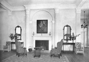 Öppen spis i slutet av loungen, Hotel Royal Bermudiana, Hamilton, Bermuda, 1924