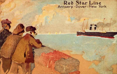 Fiskare och sjömän tittar på en Red Star-fartyg, c1900.
