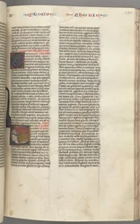 Fol. 190r,Tobit, historisk initial T, Tobit sover på en säng, ca. 1275-1300.