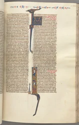 Fol. 199r, Esther, historisk initial, två sittande mansfigurer, ca. 1275-1300.