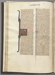 Fol. 20v, Andra Moseboken, historisk initial H, Moses och två anhängare med lagens tavlor, ca. 127