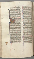 Fol. 220v, Psalm 38, historisk initial D, David knäböjer, gester mot Guds byst ovanför, ca. 1