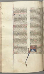 Fol. 224v, Psalm 68, historisk initial S, David i vattnet vädjande till Gud ovan, ca. 1275-1300.
